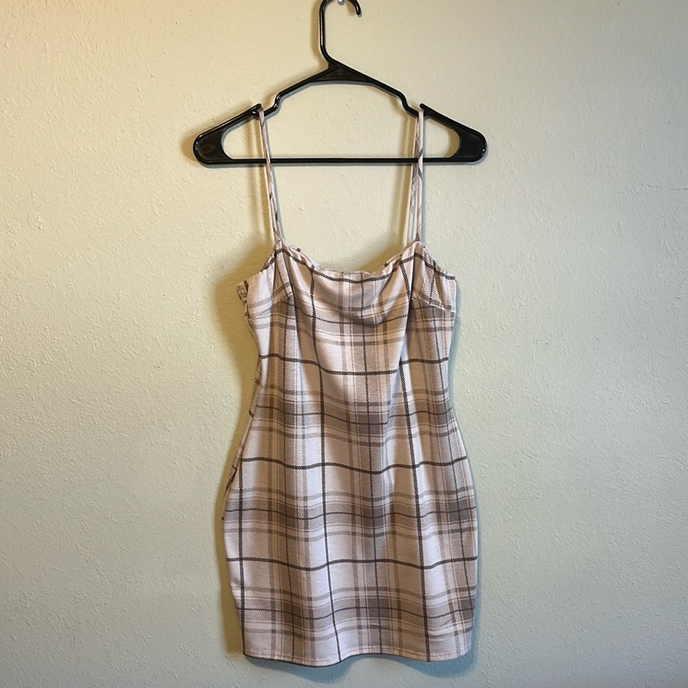 Tan Plaid Fitted Dress